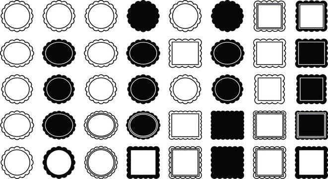Decorative borders and frames with scalloped edges in black and white, abstract pattern