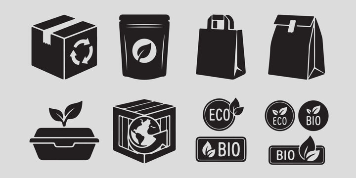 Eco friendly packaging and bio icons in black