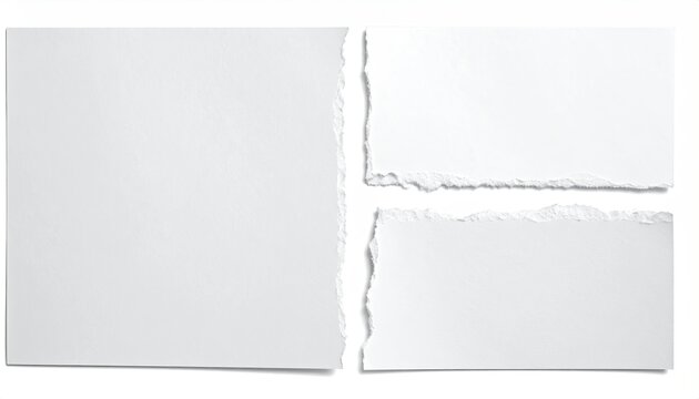 Three pieces of torn, white paper lie diagonally against a plain white background