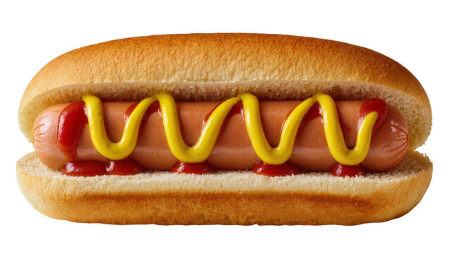 Isolated classic American hot dog in a soft bun, topped with yellow mustard and red ketchup.
