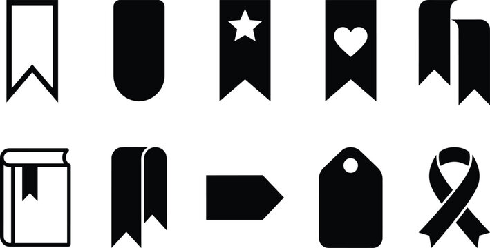 Bookmark and tag icon set featuring ribbon star heart and book symbols for interface navigation web design layout