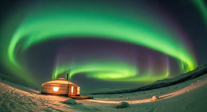 Vibrant green aurora borealis swirling above a small snowy cabin in a night landscape