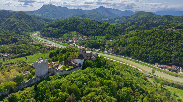 Aerial View Celje Castle Medieval Fortress Hilltop Slovenia