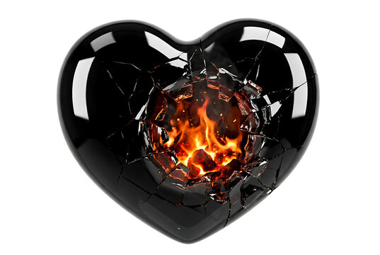 Shattered black heart with fiery core, symbol of broken love and burning passion, dramatic and intense emotional representation, isolated on checkered background.