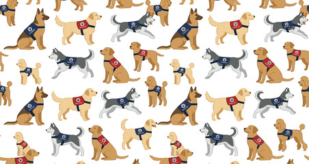 Service dogs seamless pattern featuring working assistance animals including German Shepherd Golden Retriever and Siberian Husky background vector illustration © MeheDi