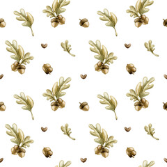 Cute acorns with oak leaves hearts seamless pattern. Watercolor hand drawn autumn floral illustration on white background for fall forest design cozy prints home textile wrapping paper fabric © Leyla
