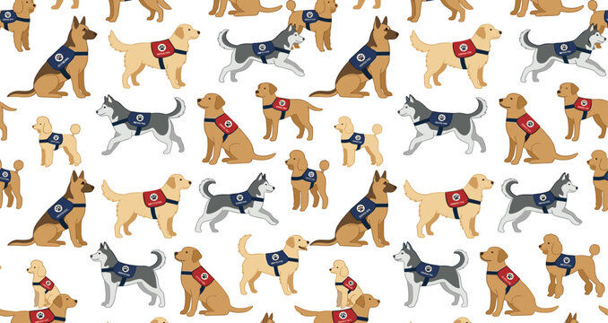 Service dogs seamless pattern featuring working assistance animals including German Shepherd Golden Retriever and Siberian Husky background vector illustration