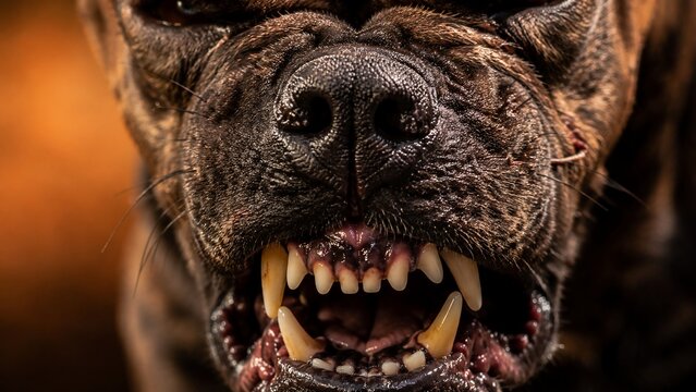 Aggressive bulldog closeup showing sharp teeth and snarling mouth