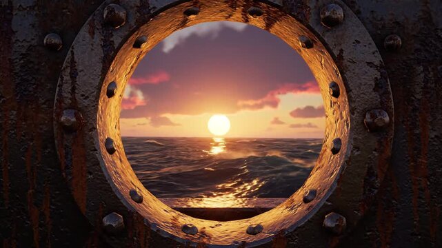 Golden sunset reflection on sea waves viewed through a bolted metal porthole.