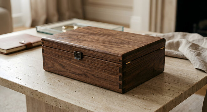Elegant Rectangular Wooden Jewelry Box on Marble Surface Interior