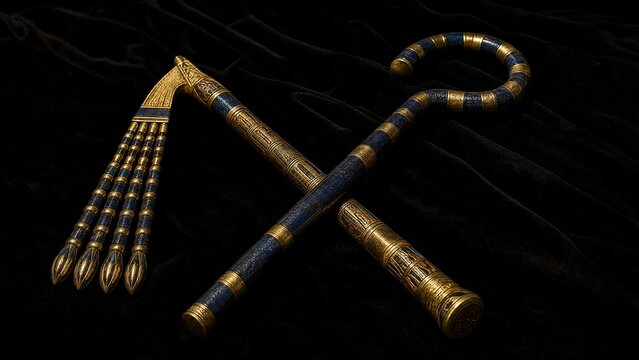 Ancient Egyptian crook and flail crossed on black velvet, ceremonial artifacts.