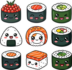 Cute kawaii sushi character vector icon set featuring smiling maki rolls nigiri onigiri and gunkan with salmon caviar isolated on white background © MeheDi