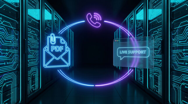 Glowing neon icons representing digital pdf documents and live support services inside a modern server room
