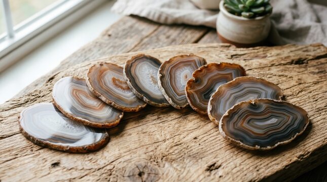 Set of Natural Agate Slices Used as Rustic Table Coasters on a Wooden Surface