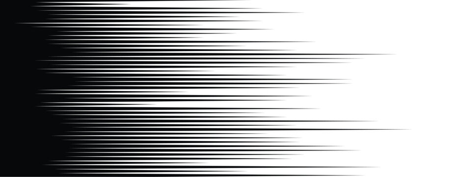 Abstract Black and White Horizontal Motion Blur Speed Lines Banner, Dynamic Fast Velocity Stripe Trailing Effect, Modern Comic Zoom Halftone Background Vector Illustration