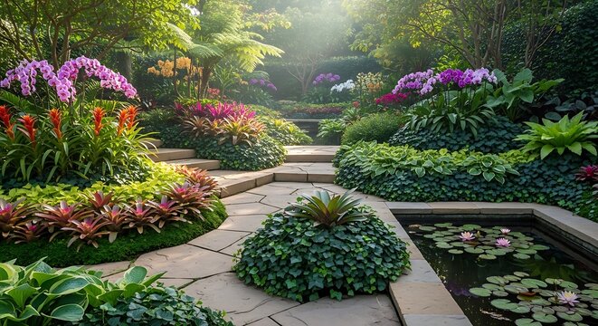 Beautiful tropical garden with stone path and water pond surrounded by colorful exotic flowers. garten im sommer