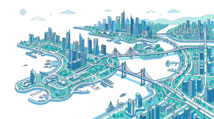 Modern coastal metropolis with skyscrapers and complex bridge systems © Tembok