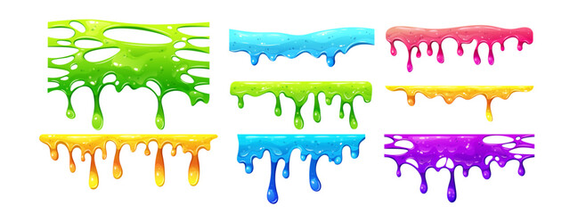 Obraz premium Slime splash collection with colorful jelly drips and liquid splats. Sticky halloween vector goo frame with melting textures and blob shapes. Vibrant slime effects for spooky cartoon designs.