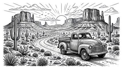Vintage pickup truck driving on a winding desert road by mesas © Tembok