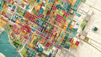 Fototapeta premium Vibrant Abstract Urban Planning Map Illustrating Multicolored Zoning Districts and Infrastructure Development in a Dense Metropolitan City Landscape