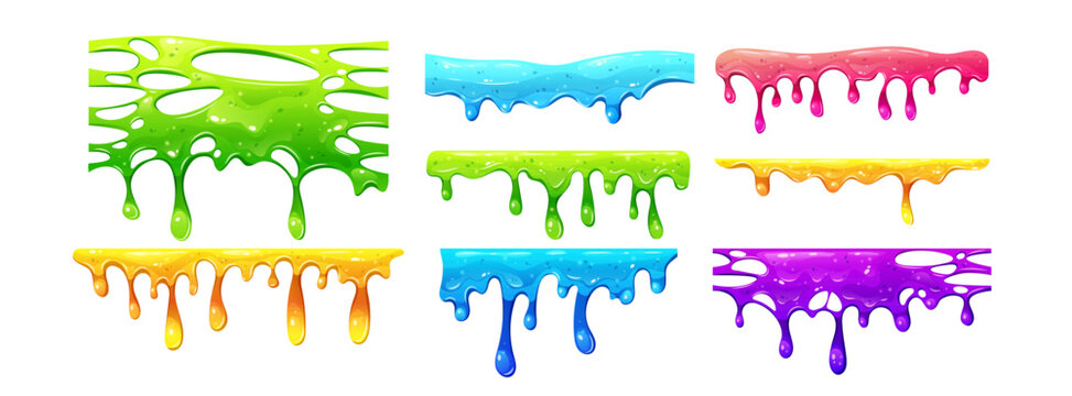 Slime splash collection with colorful jelly drips and liquid splats. Sticky halloween vector goo frame with melting textures and blob shapes. Vibrant slime effects for spooky cartoon designs.