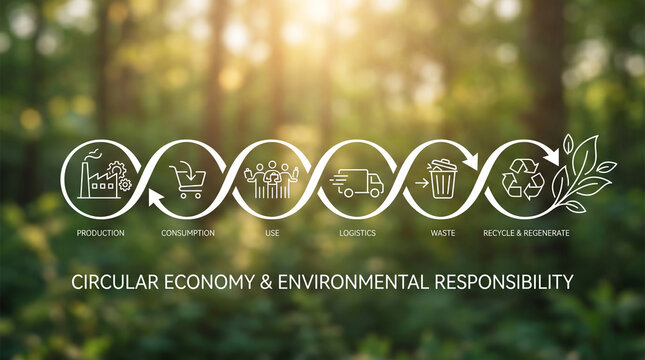 White circular economy diagram showing production consumption use logistics waste and recycling on blurred green background