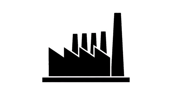 Minimal black silhouette icon, simple flat vector, bold black shape, no, no shading black silhouette icon of a factory building with a tall chimney on a, flat icon style