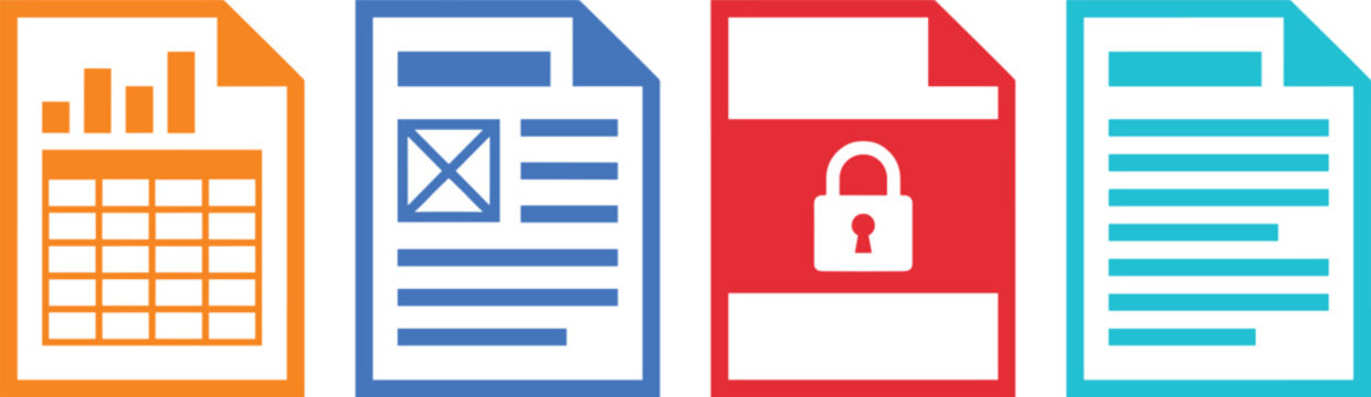 Document and file type icon set featuring colorful templates for data spreadsheets secure data text layouts and media layouts