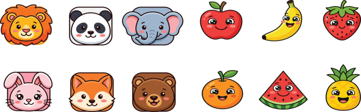Set of cute animal and fruit character icons with happy faces for children and educational design projects featuring lion panda elephant apple banana strawberry rabbit fox bear orange watermelon pinea