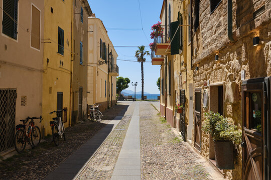 A cobbled street in the centre of Alghero, Sardinia, Italy