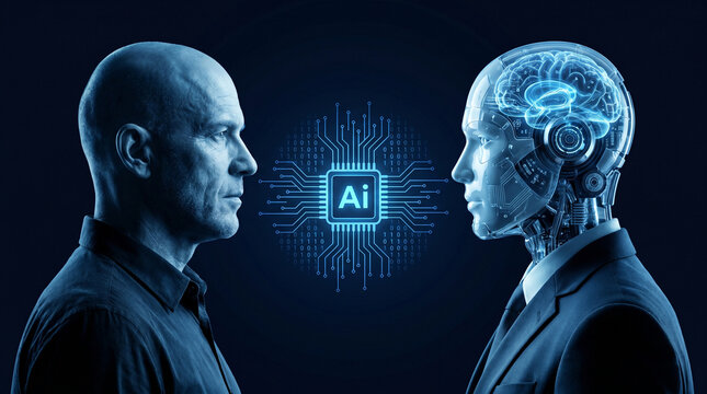 Human man facing a futuristic robot head with a glowing digital brain and circuit board pattern