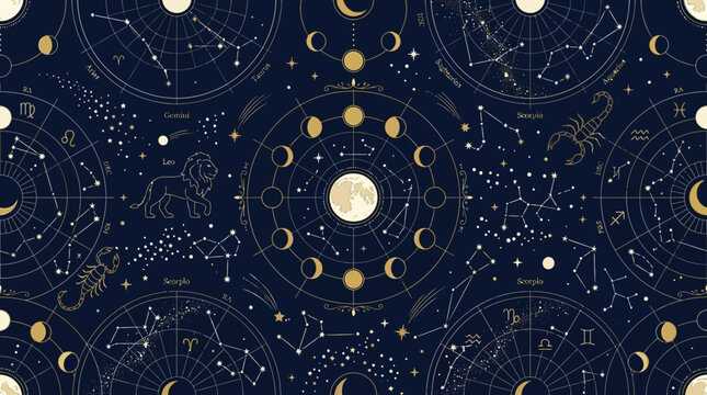 Astronomy inspired seamless pattern, zodiac constellations, celestial maps, stars and moon phases, clean luxury flat Astronomy inspired seamless pattern, zodiac constellations, celestial maps, stars a