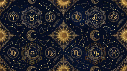 Golden celestial pattern, zodiac symbols, radiant suns, crescent moons and constellation graphics, elegant seamless flat vector illustration, premium spiritual design   © Maftuh