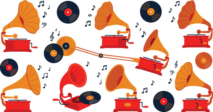 Vintage gramophone vector illustration collection featuring retro phonograph record players vinyl discs and flying musical notes isolated on white background