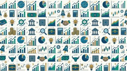 Flat vector premium economic seamless pattern, world economy icons, financial charts, growth arrows, investment symbols, business analytics elements, clean corporate aesthetic, suitable for finance, b © Maftuh