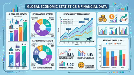 Obraz premium Flat vector economic statistics infographic, bar charts, pie charts, line graphs and financial data icons arranged in balanced composition, clean modern style