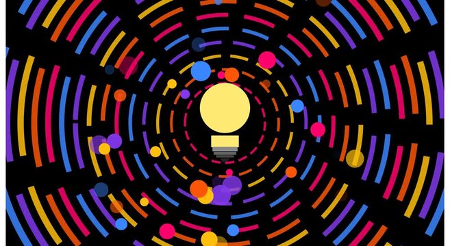 Abstract light bulb innovation concept with rotating colorful circular data patterns animation