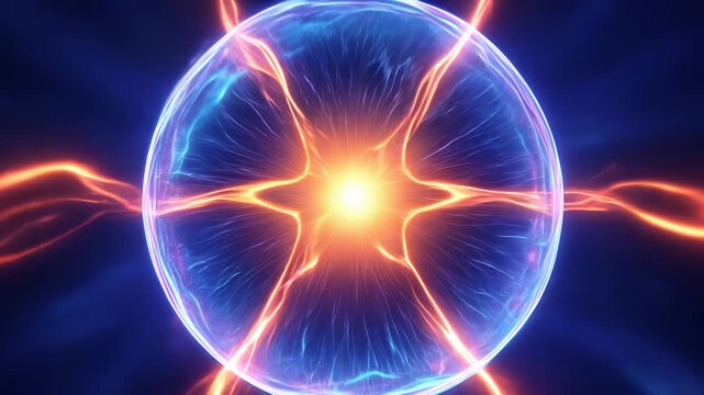 Abstract energy sphere with glowing plasma filaments and central light core. Lockdown shot of pulsating digital particle motion.