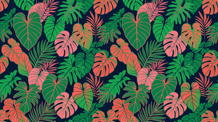 Tropical Leaf Pattern Seamless Background, Green Pink Exotic Foliage © SyeilavinaIsna