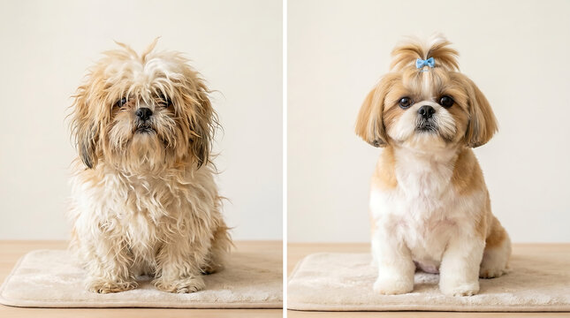 Before and after transformation comparison of a cute shih tzu dog showing a messy unkempt long coat on the left and a clean neatly groomed haircut with a blue bow on the right