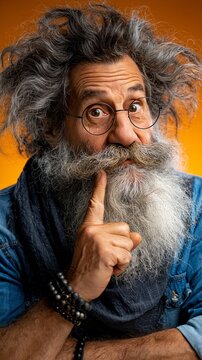 An eccentric elderly man with wild gray hair and a long beard gestures thoughtfully against a vibrant orange background, embodying wisdom and quirky intellect.