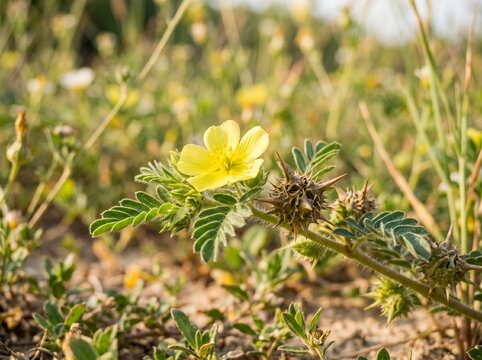closeup tribulus terrestris yellow caltrops  
