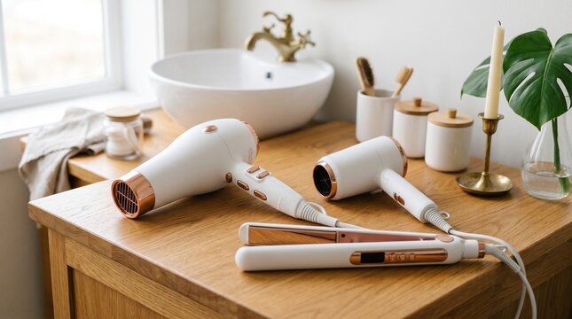 White hairdryer and hair straightener tools rest on wooden vanity. Bathroom interior setting includes sink and decor. Pro beauty appliances for hair styling at home.