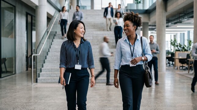Diverse businesswomen walking and talking in office hallway 
