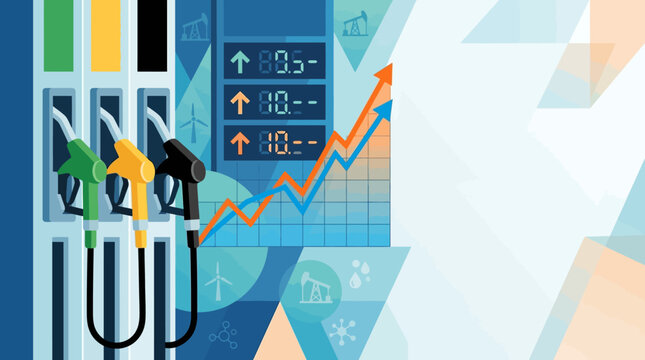 Flat vector fuel price increase concept, modern 2D illustration, fuel pump nozzles in green, yellow and black colors positioned on the left side, digital fuel price board with rising graph in the back