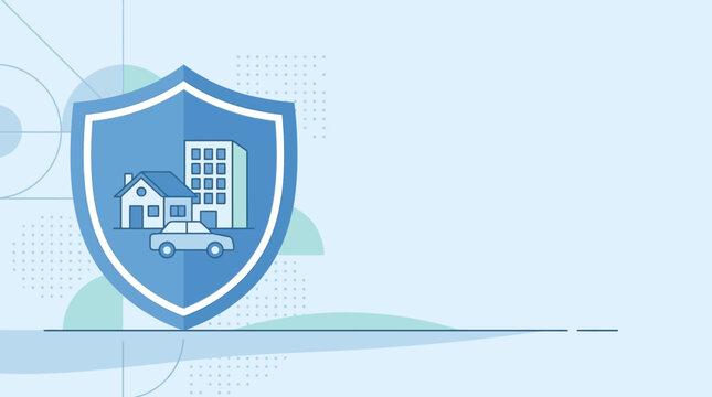 Flat vector insurance poster background, simple shield icon, house, office building and vehicle inside protection area, clean geometric illustration, modern corporate design, soft blue tones, large em