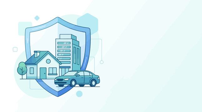 Flat vector insurance protection illustration, modern 2D design, large transparent shield icon surrounding a house, office building and family car, security and protection concept, clean corporate sty