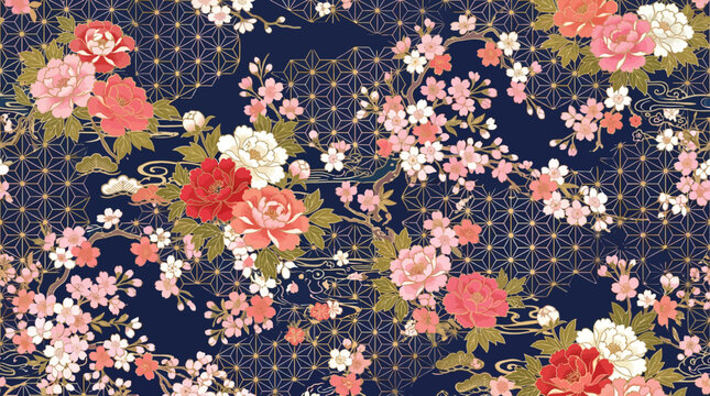 Japanese kimono textile pattern, ornate cherry blossoms, peonies and geometric asanoha motifs, elegant oriental decoration, seamless repeating layout, luxury flat vector style, premium fabric and pack