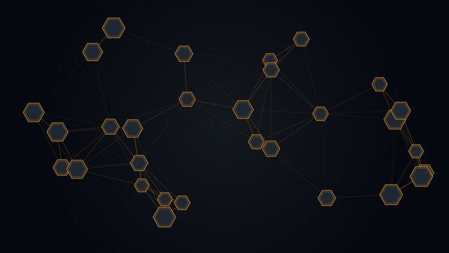 Blockchain cryptocurrency network with connected orange nodes