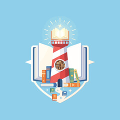 Naklejka premium A glowing lighthouse made of books stands on a blue background